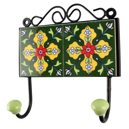 Forest Green Ceramic Floral Tile Hook